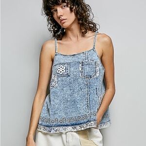 POL Light Blue Denim Lace-Trim Cami Tank Top